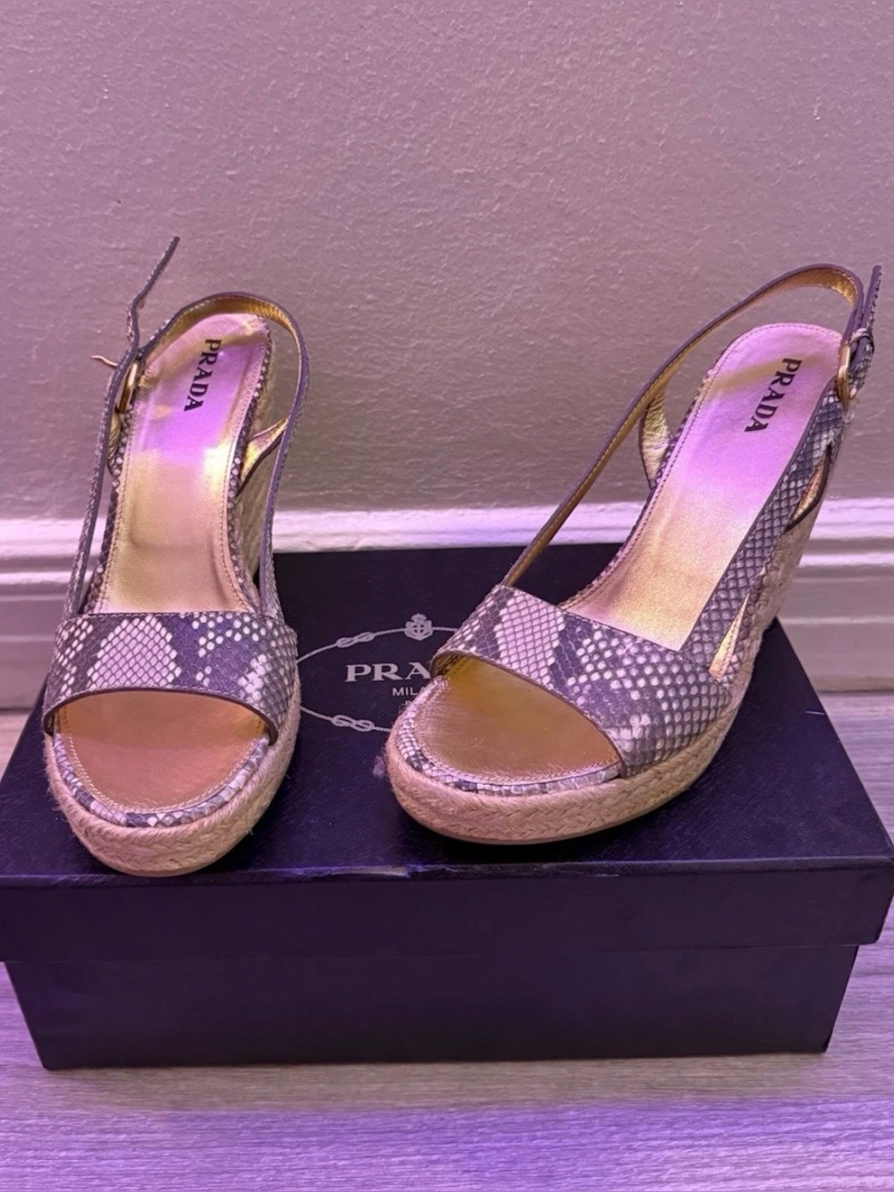 Prada Snake-Print Espadrille Wedge Sandals - Gray and Cream